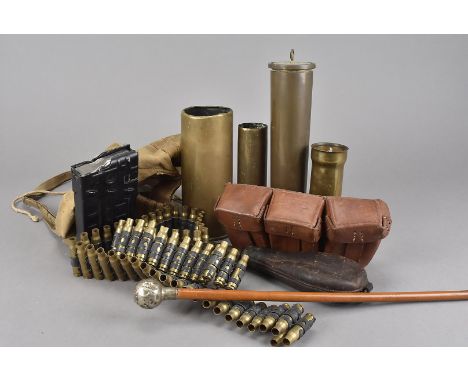 A Queen's Royal white metal topped swagger stick, together with a selection of trench art, ammunition cases and magazines, a 