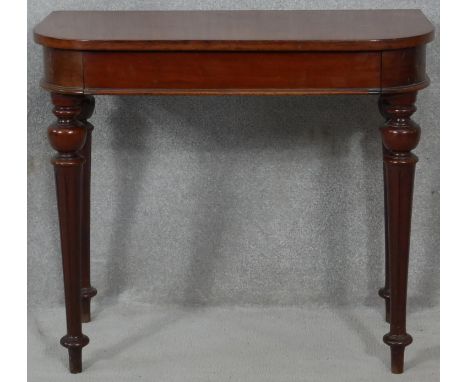 A 19th century mahogany console table fitted with frieze drawer on tapering fluted supports. H.72 W.81 D.40.5cm 