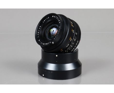 A Leitz Wetzlar 28mm f.2.8 Elmarit-R Lens,  serial no 3185180, 1982, 3 cam, barrel G-VG, elements G-VG 