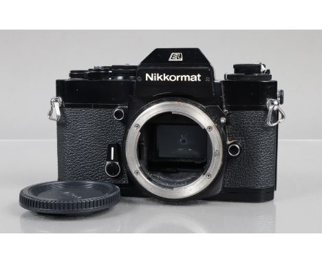 A Nikkomat EL Camera Body, black, serial no W7458896, shutter working, meter responsive, self timer working, body G, light we