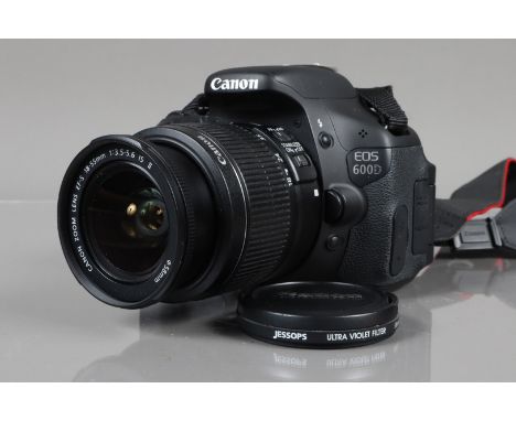 A Canon EOS 600D DSLR Camera, serial no 123063034476, powers up, shutter working, flash working, appears to function as shoul