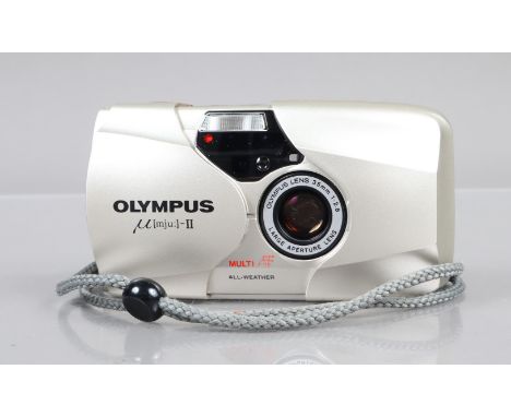 An Olympus mju II Compact Camera, silver, powers up, shutter working, flash working, self timer working, body G, light wear, 