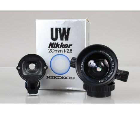 A Nikon UW Nikkor 20mm f/2.8 Lens, serial no 211549, barrel G-VG, some paint wear to mount, elements VG, with front and rear 