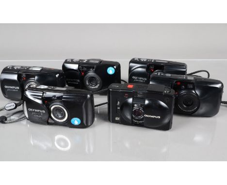 A Group of Olympus mju Zoom Compact cameras, a mju Zoom , a mju Zoom 80, a mju Zoom 105, a mju Zoom 115, a mju 140, all power