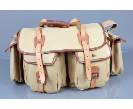A Billingham Camera Bag, tan canvas with brown leather trim, with end pouches, bag L46 x W26 x H28cm approx, G, some scuffs a