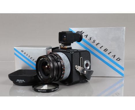 A Hasselblad 903 SWC Camera, black, serial no 13EV10839, shutter working, body VG, fading to focus grip, with Carl Zeiss 38mm