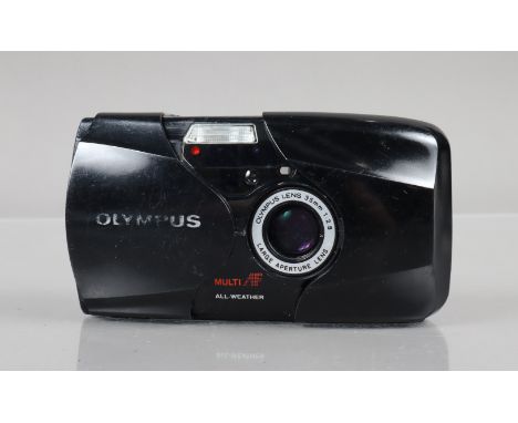 An Olympus mju II Compact Camera, black, powers up, shutter working, flash working, self timer working, body F-G, mju II lett