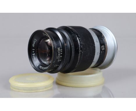 A Leitz Wetzlar 9cm f/4 Elmar Lens, black, serial no 556669, 1940, barrel G, some paint wear, elements G, some light fungus s