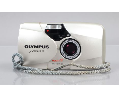 An Olympus mju II Compact Camera, silver, powers up, shutter working, flash working, self timer working, body G-VG, elements 