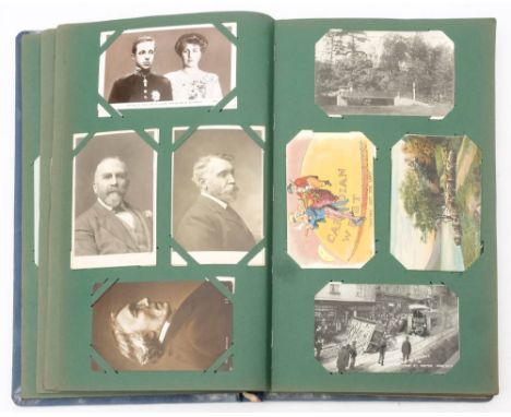 An Edwardian postcard album and contents: mainly GB topographical and portrait cards, including a photographic card of 'Verdi