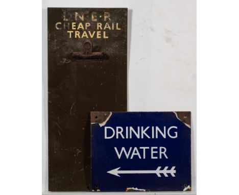 A  BR(E) enamel station sign 'Drinking Water': with left facing arrow beneath, 18 x 22cm  (damaged) together with an LNER 'Ch