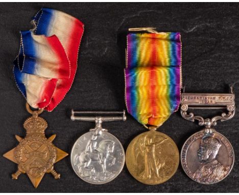 A World War I group of four' 6281 Pte  J Canniford 5/D Gds': 1914 Star, War Medal, Victory Medal and GRV India Service Medal 