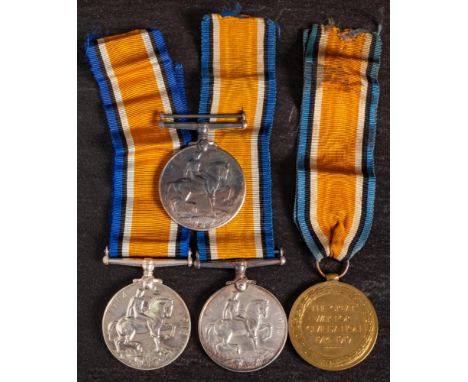 Three WWI War Medals and a Victory Medal:'35020 Pte  E Bumford R W Fus''Lieut W E C Spencer''23088 Pte  H C Warriner Bedf R''