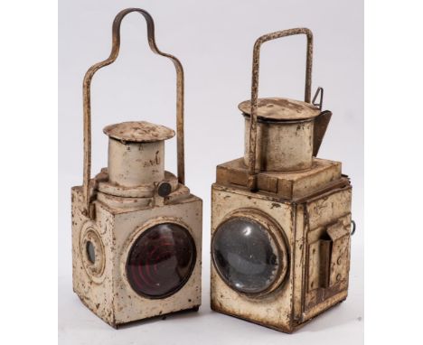 A  BR(E) signal lamp with red lens and one other BR(E) lamp with double bullseye lenses: both white painted bodies (2) 