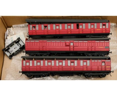 A group of six kit built O gauge LMS passenger coaches: including First &amp; Guard, (some loose parts) (6)