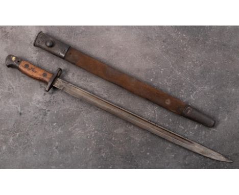 A  1907 pattern bayonet by Wilkinson: the straight single edge fullered blade stamped with crown and 'GR' cipher to ricasso, 