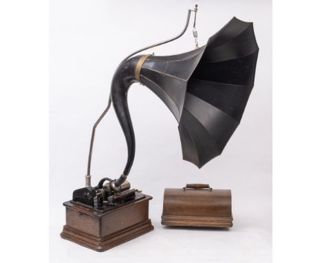 An Edison Model 'C' Standard Phonograph: with large two section black lacquered tin horn on a nickel plated arm support , abo