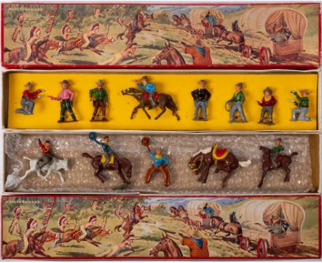  Crescent Wild West Series. two boxes of  Cowboys and Indians:, the boxes both with lithograph scenes of pioneer wagons bring