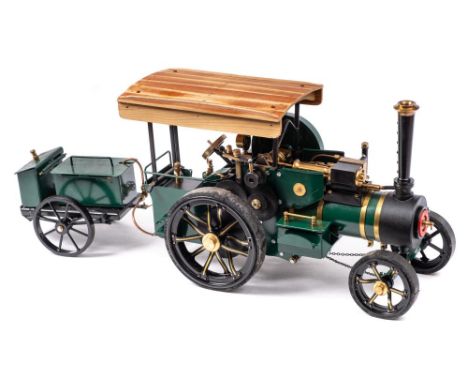 A Markie 'Little Gem' 3/4 scale Live steam spirit fired Road Traction Engine: in dark green with black wheel, wooden canopy a