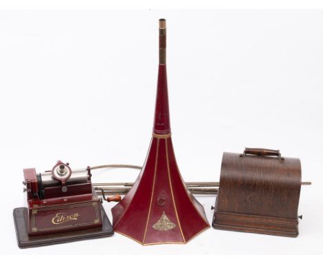An Edison 'Red Gem' Phonograph: with red and gold Japanned 'Fireside' horn with original gilt transfer label to mouth, suspen