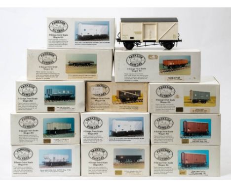 Parkside O gauge. A group of twelve kit built goods wagons: including BR 21 Ton Coal Hopper and others (12)