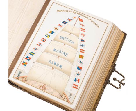 A Victorian 'British Marine' carte de visite album: with polychrome lithograph illuminated pages, gilt bordered leather bindi