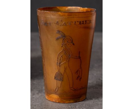 A Georgian horn beaker 'Rat Catcher': decorated with a scene of a group of gentleman watching a dog amongst rats in an arena 