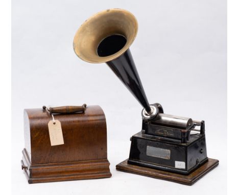 An Edison Type 1 'Gem' phonograph: with pressed lacquered brass horn over black lacquer and gilt body, type '3' Standard Pate