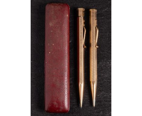 A 9ct gold Yard-O -Led propelling pencil: with milled body and engraved 'D Pink' together with a rolled gold example in a cas