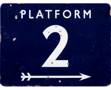 A BR(E) enamel station sign 'Platform 2':  with right pointing arrow beneath, flanged edges, 46 x 61cm (damaged).