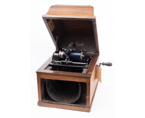 An Edison Amerola Phonograph: serial number '222741', with black lacquer mechanism in an oak  cushion tap case with fretwork 