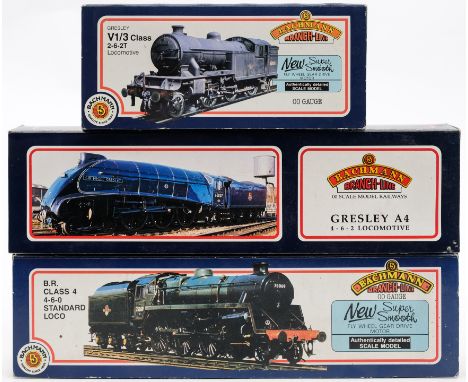 Bachmann OO/HO gauge. A boxed group of three steam locomotives : Gresley A4 4-6-2 'Silver Link', Br Class 4 4-6-0 Standard lo