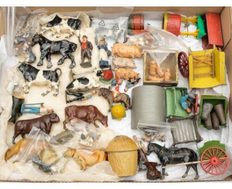 A collection of Britains farm animals and figures: including Farmer and his wife, a Blacksmith, Dove cote, hand pump, beehive