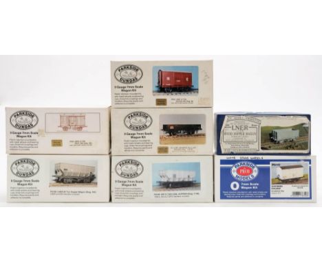 Parkside O gauge. A group of six kit built goods wagons: together with a Percy Model kit built LNER 13t wood hopper wagon