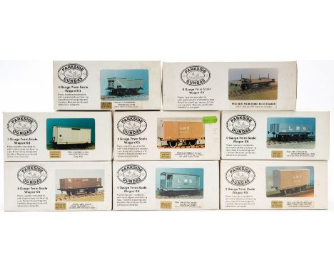 Parkside Dundas. A group of O gauge kit built rolling stock: including an insulated fish van, a 14 ton mineral wagon and othe