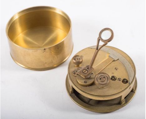 A brass drum sextant, unsigned: with silvered calibrated scale, mirrors and shades in a 3 inch case.