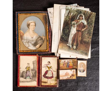 Two mid 19th century Baxter's needle boxes: with lithograph prints to front, together with one other example and two leather 