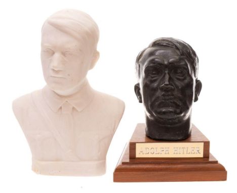 A WWII period German oak wall bracket with insignia:  30cm, together with a bronzed bust of Adolf Hitler inscribed 'HMLE7' an