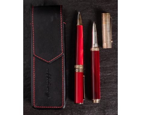 A Montegrappa 1912 roller ball and ball point pen: in red marbled finish with silver mounts, together in a black leather case