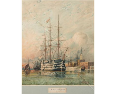 After W E Atkins (1842-1910),'HMS Victory':lithograph print, 60 x 51cm.