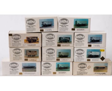 Parkside Dundas. A boxed group of O gauge kit built rolling stock: including two 20 ton plate wagons, a standard cattle truck