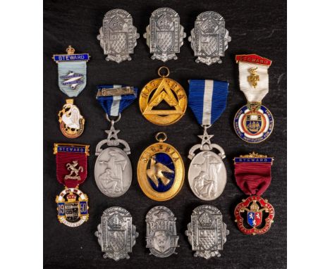 A collection of Masonic jewels: various lodges and makers including four stewards badges, two Freemason's Hospital medals  a 