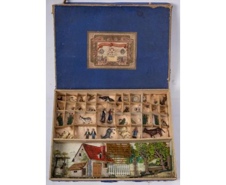 C G B Mignot. An early 20th century  boxed farm set: comprising animals, farmers and farm hands, fences, trees, well and flat