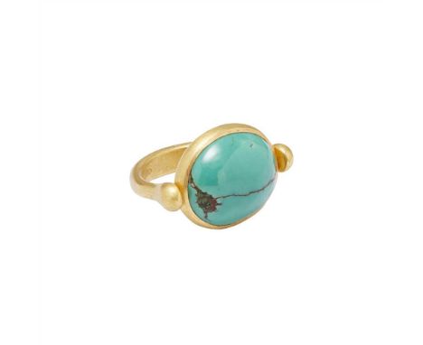 A turquoise swivel ring collet set with a turquoise cabochon within a swivel mount, to an 18ct yellow gold matte shank (Dimen