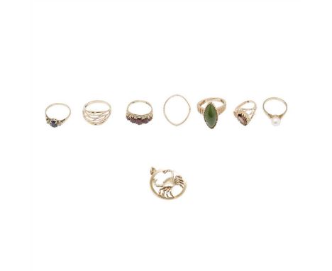 A collection of gem set rings to include a 9ct five stone garnet set ring, a 9ct sapphire and paste set ring; a 9ct gold cult