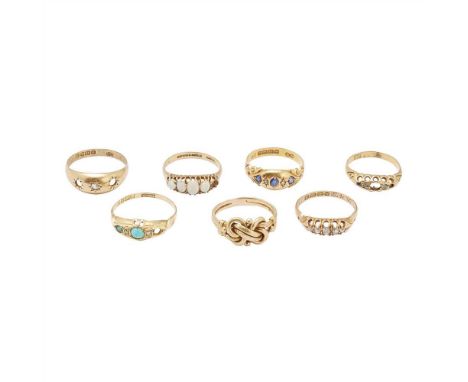 A collection of 18ct gold gem set rings to include a five stone sapphire and diamond set ring, a five stone diamond set ring;