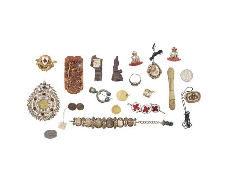 A spade guinea and half guinea both drilled, 1775 and 1788; a large filigree pendant of round form, small eastern coin to cen