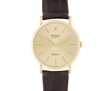 An 18ct gold cased wrist watch, Rolex Cellini, ref. 5110, slimline, champagne dial, baton indicators for hours, plain case, l