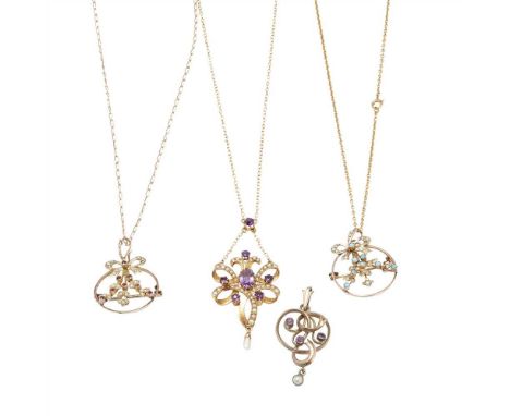 A collection of four early-20th century pendants to include an amethyst and seed pearl set pendant, of scrolling design, to a