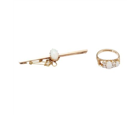 An opal bar brooch stamped 9ct; together with an opal and diamond set ring, to an 18ct gold shank (one opal missing) (2) (Dim